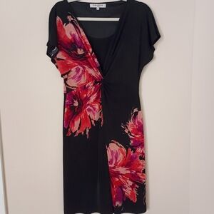 Evan Picone Black Vintage Dress Bold Pink & Red Blooms Romantic Whimsigoth Artsy